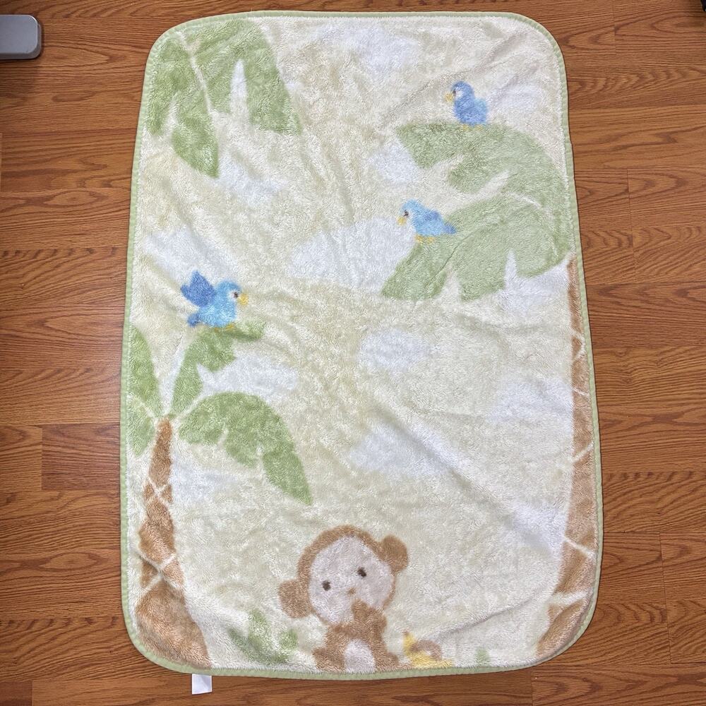 Carters Monkey Baby Blanket Fleece Plush Green Yellow Palm Tree Jungle Blue Bird